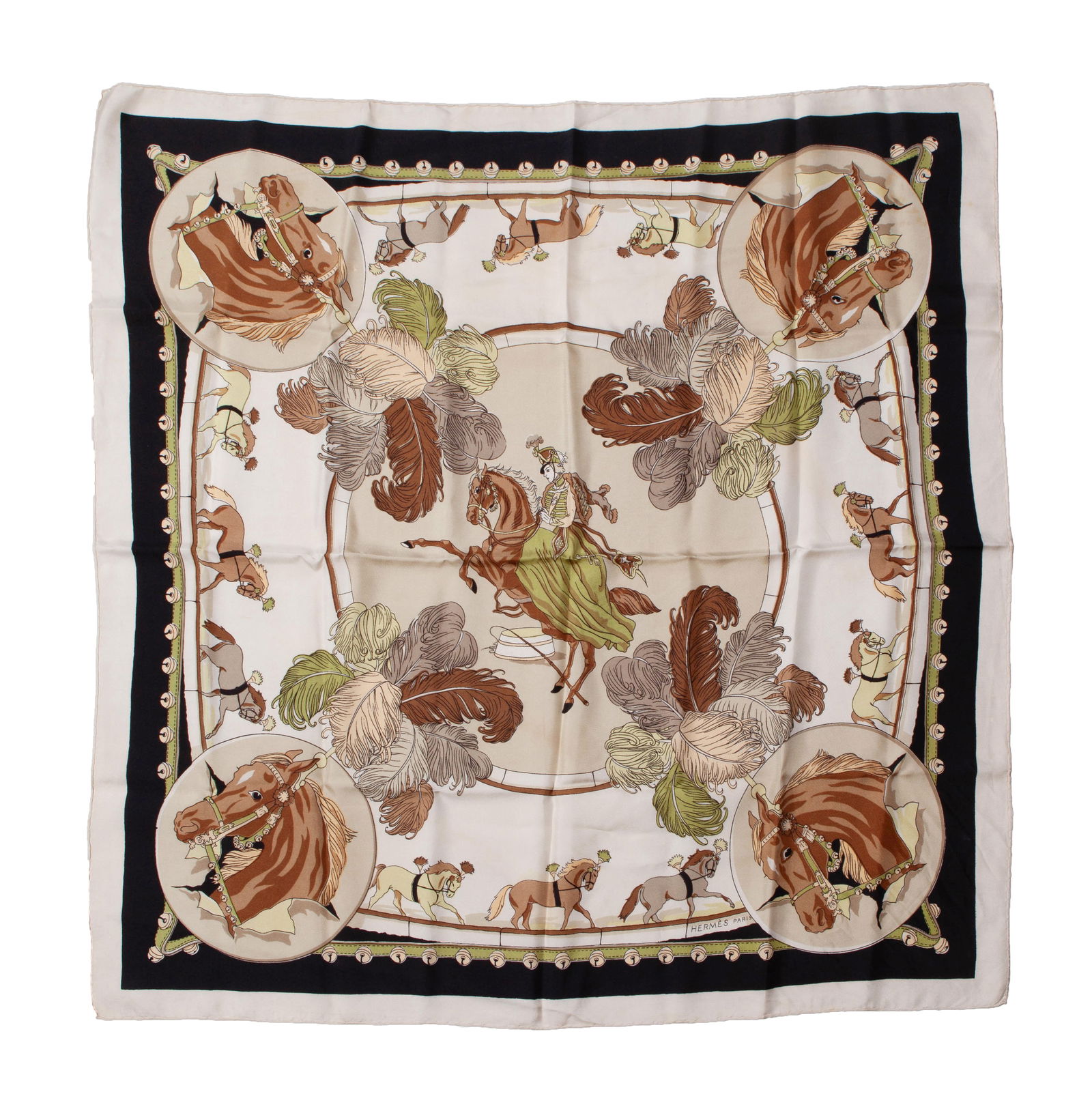 Hermes Silk Scarf: Hermes scarf with an equestrian motif within black border on a cream ground. In good pre-owned condition.