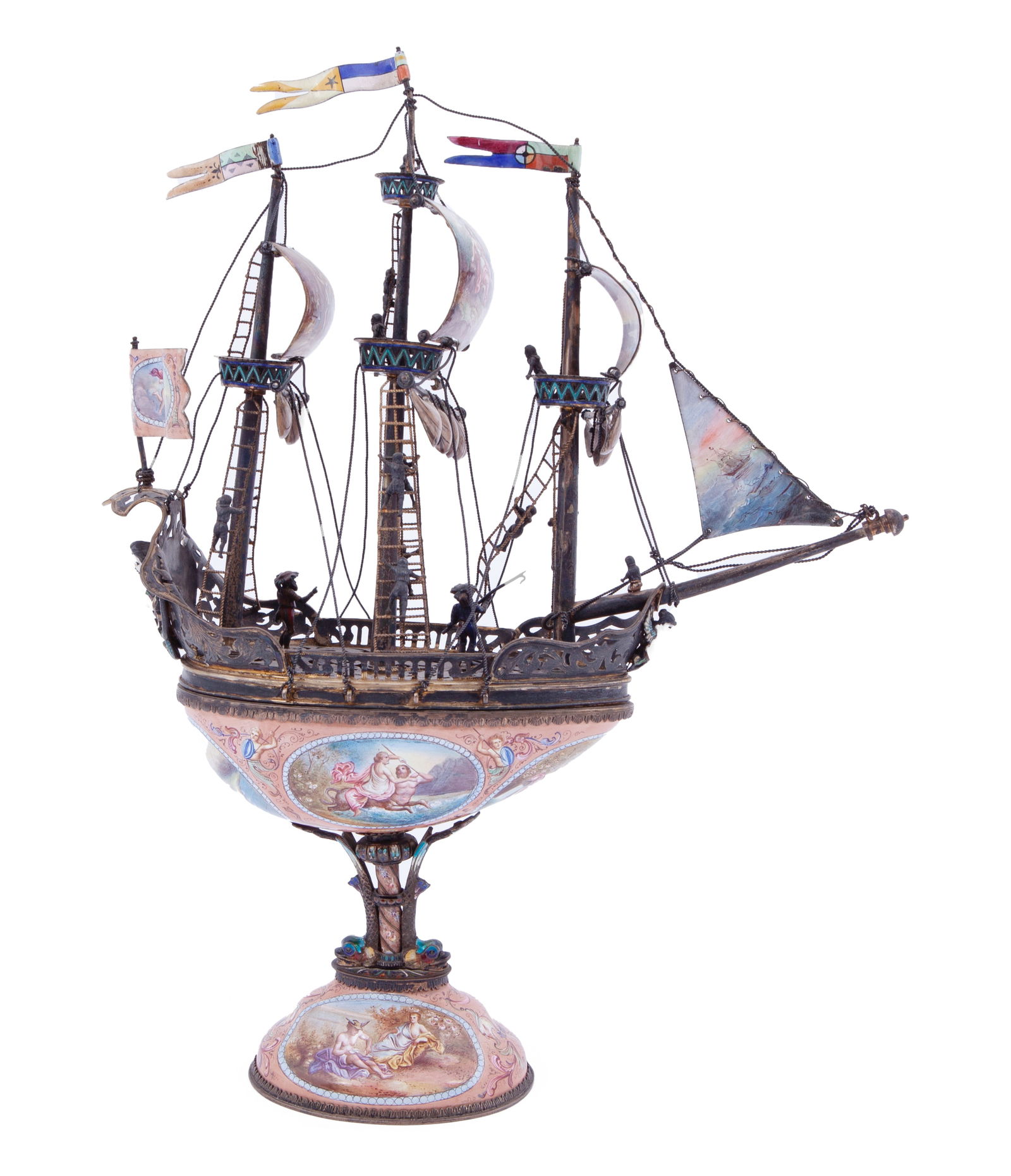 19th Century Boehm Silver and Enamel Ship: An incredible find. This silver ship complete with enamel sails measures 15.25 x 12 inches tall. From the sails there are crew scaling ladders. Enameled flags flying at the top. 