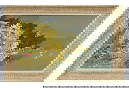Lucio Sollazzi, Seagulls at Portofino, Oil on Canvas: Lucio Sollazzi (Italy, 1925) Seagulls at Portofino, Italian landscape scene Oil on canvas, measuring H 27 W 46 inches On a wooden frame, measuring H 37.5 W 56 inches Condition: good, some scratches to