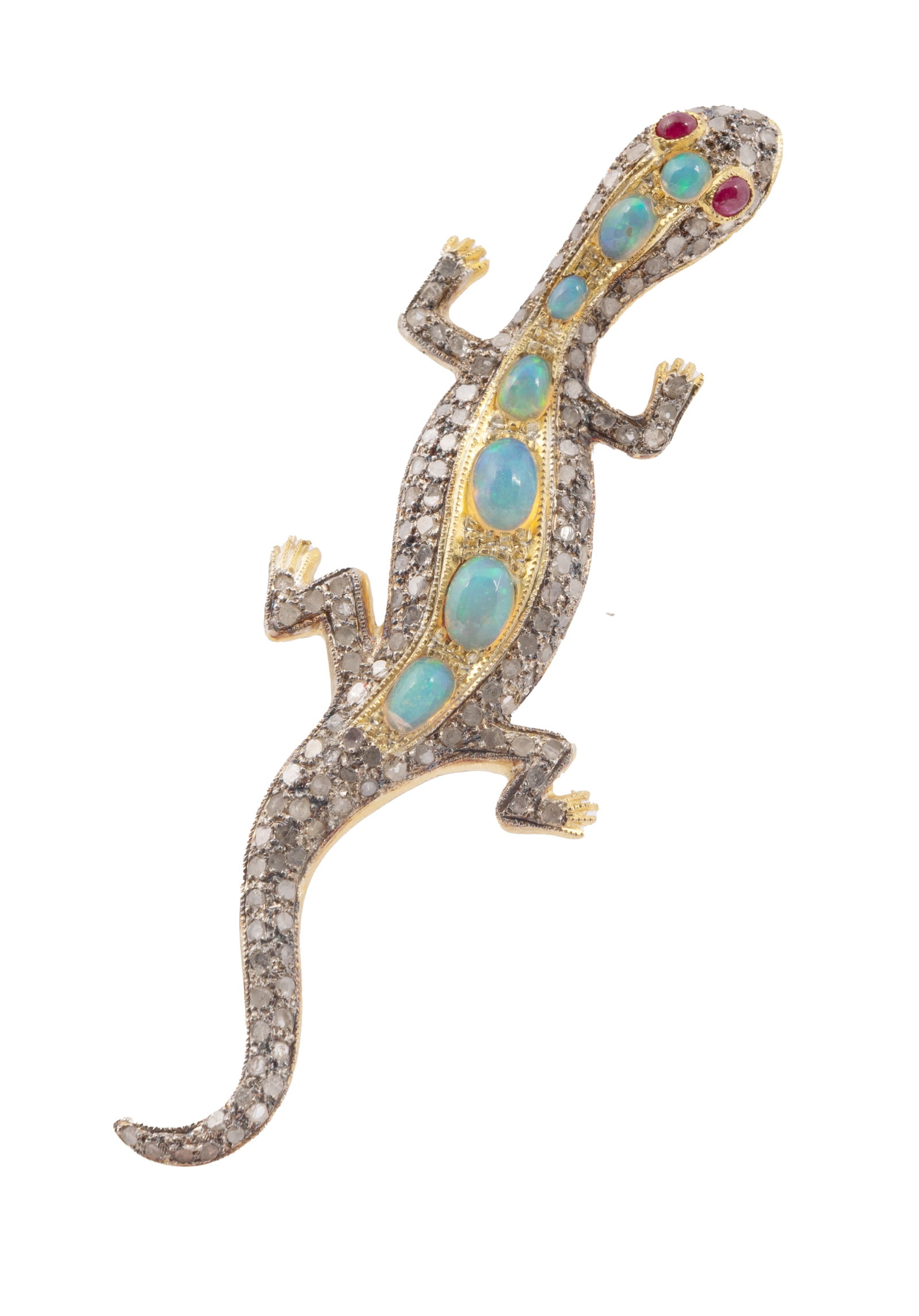 14K Gold, Diamond, Ruby and Opal Lizard Brooch (1 of 5)