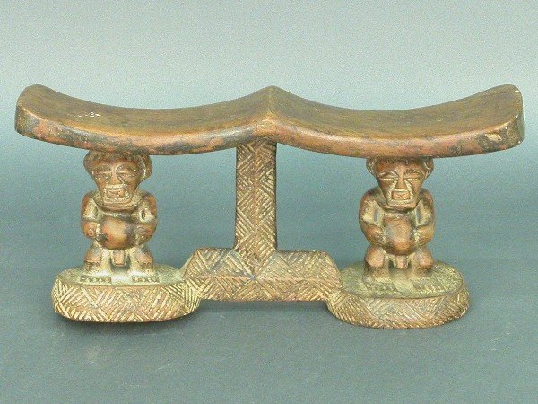 Tribal carved wood double head rest, ea