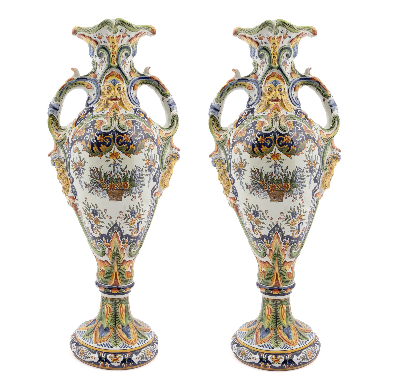 A Pair of Monumental Antique French Faience High Vases by Hubaudiere Bousquet Quimper (1 of 9)