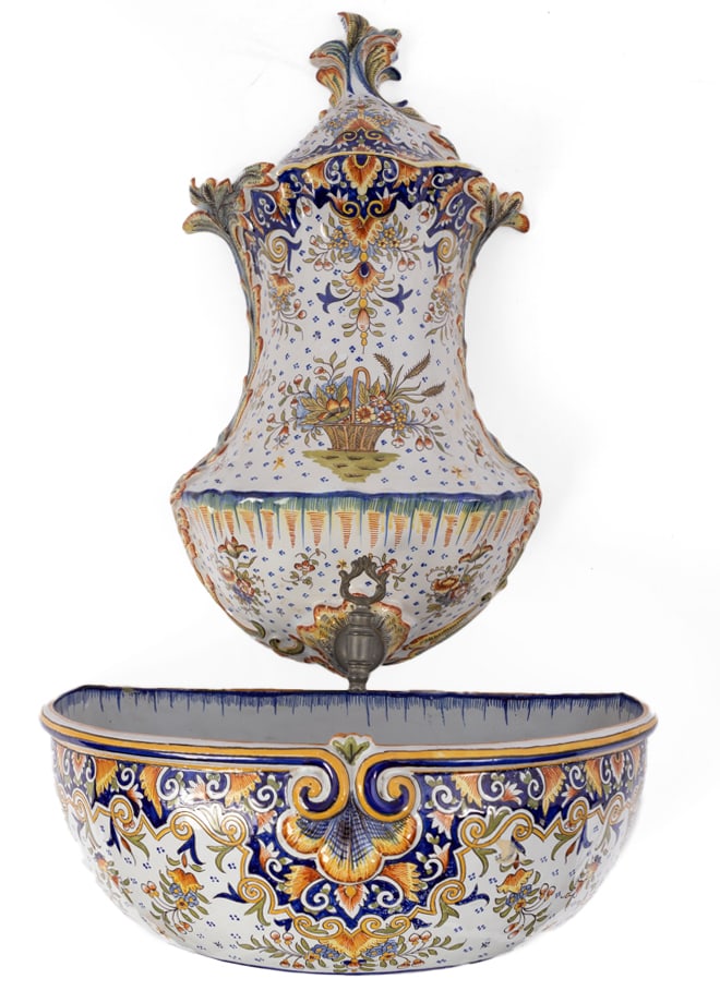 Antique Monumental French Faience Quimper Wall Fountain With Bowl and Stand (1 of 10)