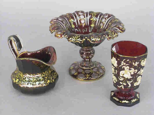 3pcs. Ruby Bohemian glass with