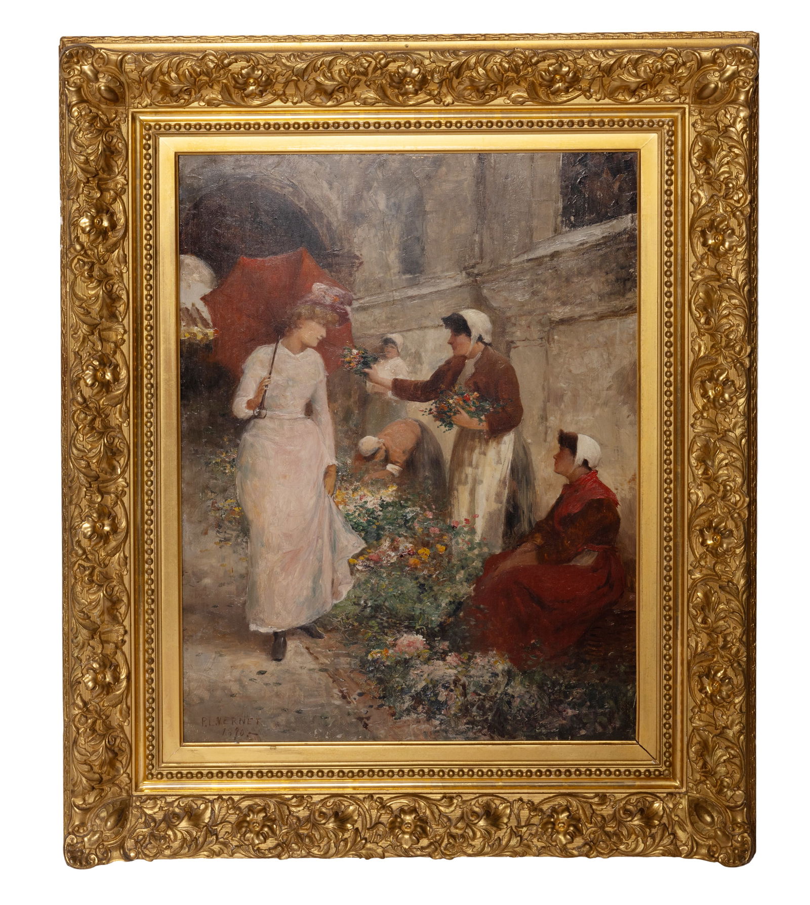 Antique Ladies in Exterior - Oil on Panel - P.L. Vernet (1 of 5)