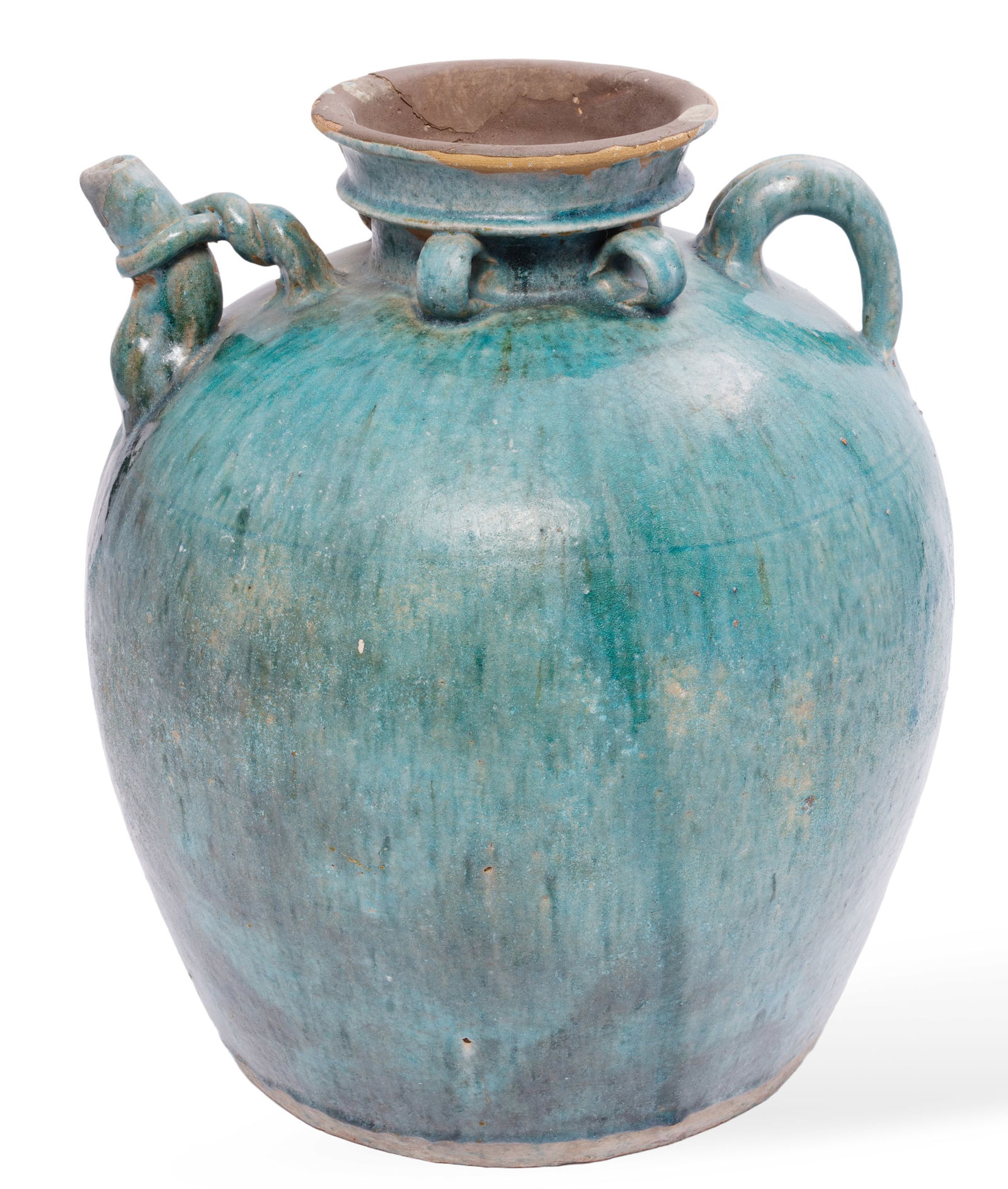 Chinese Martaban Son Dynasty Style Green Glazed Stoneware Wine Jug: An outstanding 19th-century circa Chinese stoneware wine jug in the Son Dynasty Style with a blue and green glaze. The top presents four looped handles around the short neck and a larger handle to the
