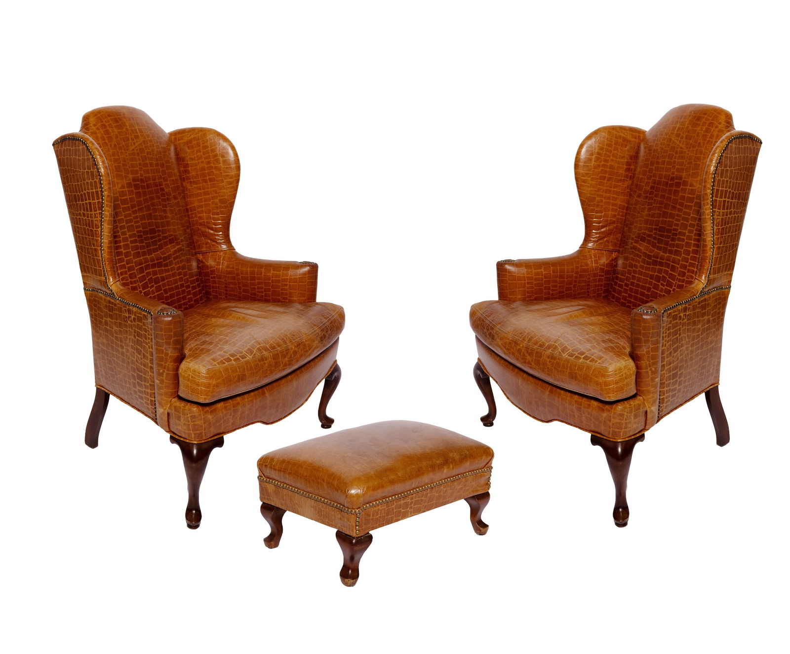 Pair of Vintage Tan Leather Upholstered Wingback Chairs and Footrest (1 of 6)