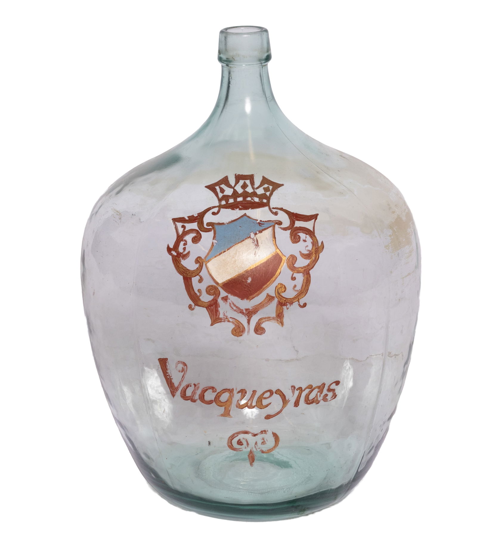 Large Thick Glass Marked Demijohn Bottle: Large thick glass Demijohn bottle. Handpainted coat of arms on the front reading Vacqueyras just below the coat. The neck of the bottle has the number twenty-five etched into the glass. It measures ap