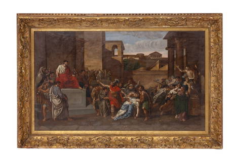 Unknown Artist, Rendition of The Death of Virginia, Oil on Canvas: Unknown artist, but painted in the manner of Vincenzo Camuccini (Italian, 1771-1844) Rendition of The Death of Virginia Oil on canvas measuring H 14.5 W 26.5 inches No signature present O