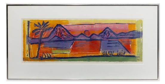 Werner Drewes, Tropical Sunset Lake Atitlan, Color Wood Cut on Paper