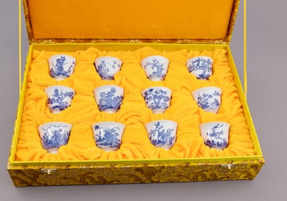 Set of Chinese Blue and White Porcelain White Month Cups
