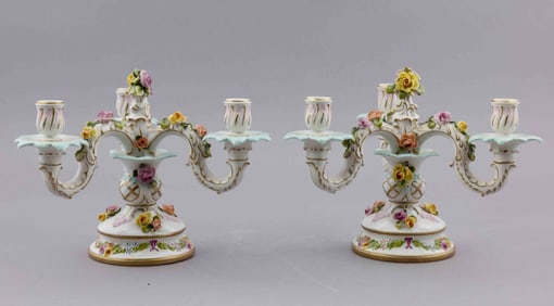 Late 19th Century Pair of Heavily Decorated German Porcelain Candelabras