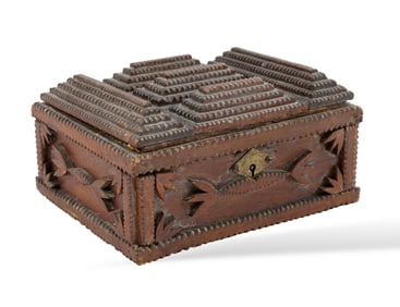 Vintage Heavily Carved Tramp Art Box