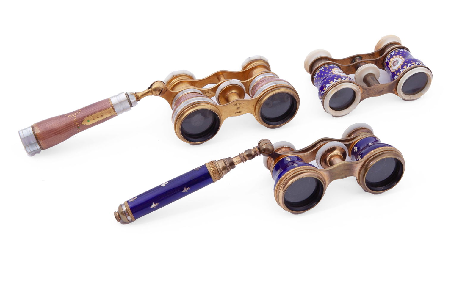 Collection of Three French Antique Opera Glasses: 1. In blue, decorated with small gold stars and hand-painted roses. 2. In blue, decorated with gold Fleur De Lys and marked La Reine Paris. Featuring mother of pearl inlay on the binoculars. 3. In pin
