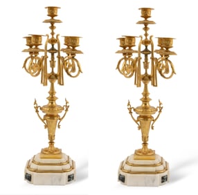 Vintage Pair of French Marble Based Brass Candelabras