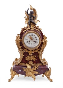 important French Red Marble And Bronze Mantle Clock and Candelabra Set