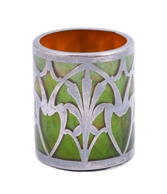 Loetz Green And Orange Titania Silver Overlay Mini Vase