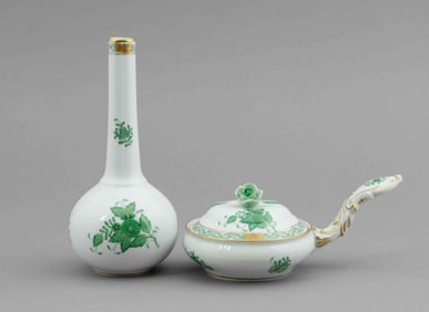Pair of Herend Green and White Handpainted Porcelain Objects