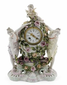 Late 19th Century Sitzendorf German Porcelain Figural Mantle Clock