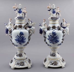 Early 20th Century Pair of Porcelain Von Schierholz Blue and White Monumental Urns with Stand