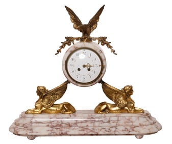 Pink Marble Mantle Pendulum Clock with Bronze Accent Figurines