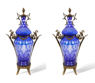 Pair of Cobalt Blue Bohemian Cut Glass Bronze Handled Vases