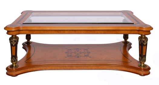 Decorated Wooden Coffee Table with Glass Centerpiece