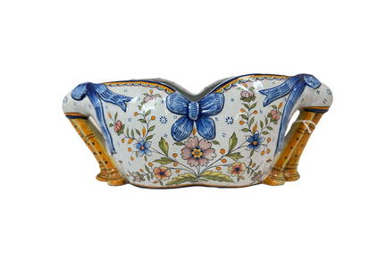 Quimper Faience Biniou-Form Jardiniere: French Faience Quimper planter in the shape of two Biniou, Brittany traditional musical instrument, marked HB Quimper on lower right corner. Hand painted, the front features a couple resting on hay, t