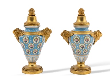 Pair of Sevres Style Gilt-Metal Mounted Lidded Vases