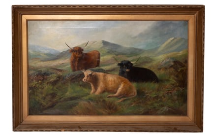 H. T. Marshall, Longhorn Cows Landscape, Oil on Canvas