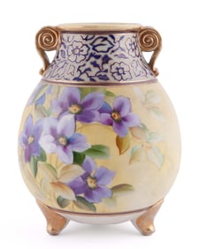 Nippon Porcelain Floral Motif Handled Vase