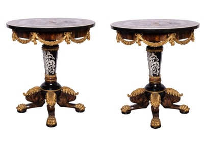 Pair of French Style Gilt Decorated Gueridon Tables with Inlay