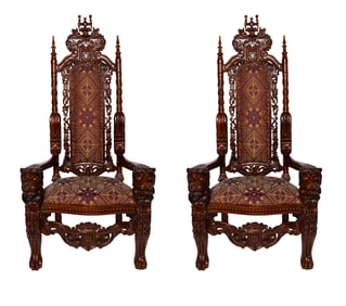 Pair of Heavily Carved Wooden Throne Chairs