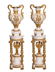 Pair of Guilded Handled Vases with Matching Pedestals