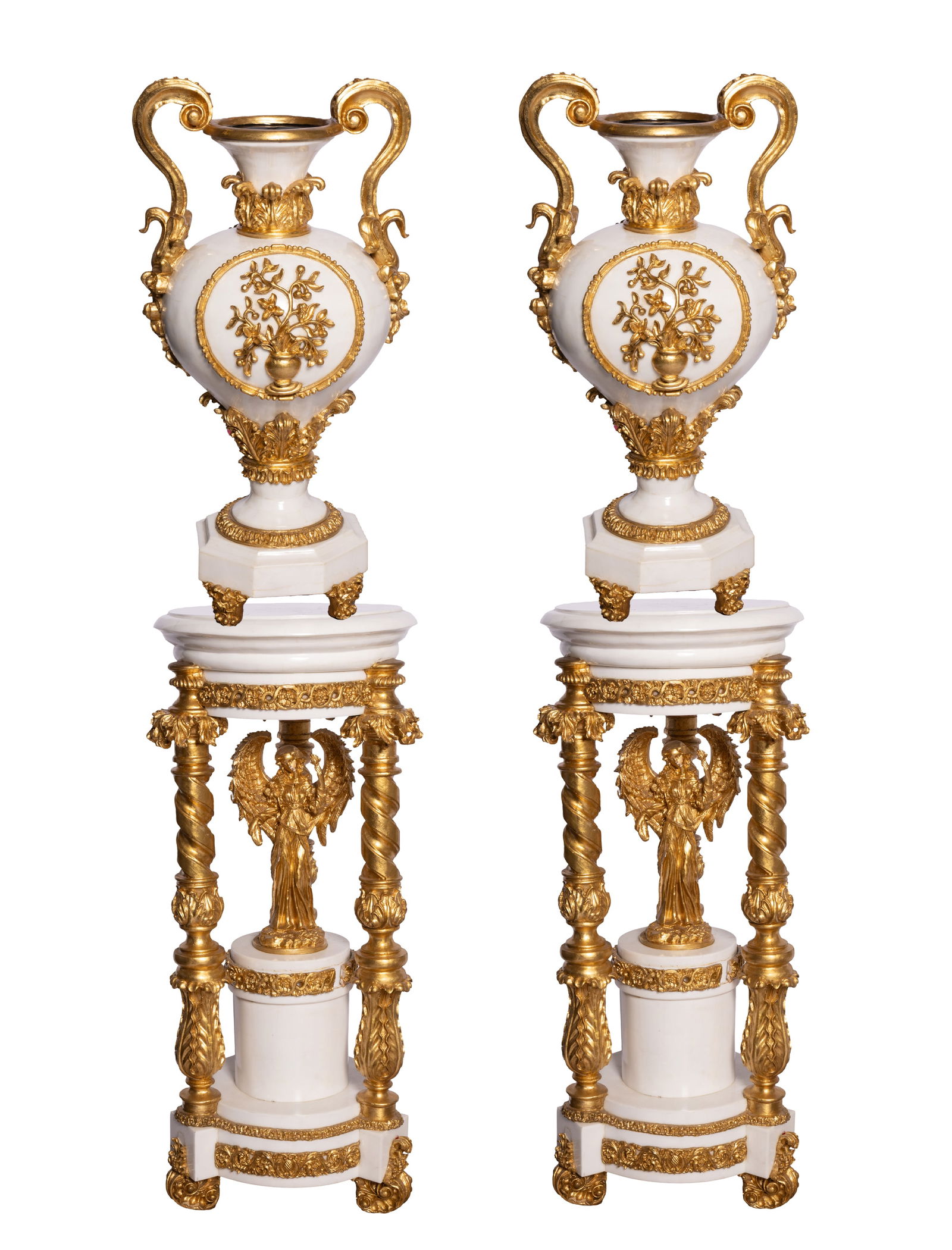 Pair of Guilded Handled Vases with Matching Pedestals (1 of 8)