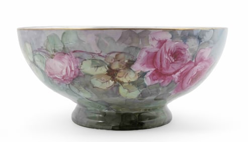 Large German Painted Porcelain Punch Bowl and Eleven Cup Set