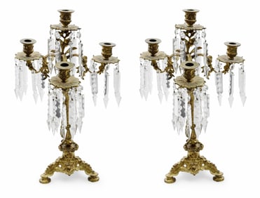 Pair of Continental Bronze and Crystal Candelabras