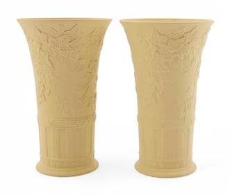 Pair of Wedgwood Yellow Jasperware Vases, Doric Ivy Pattern