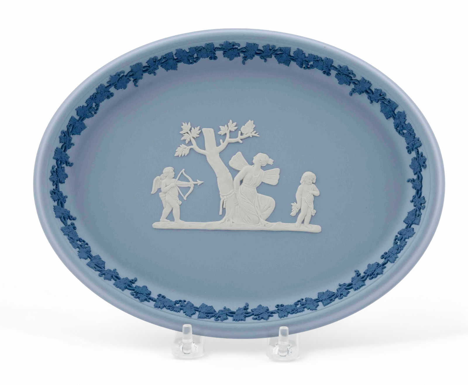 Wedgwood Jasperware Small Platter in Blue: A beautifully decorated Wedgwood Jasperware platter in blue with white and blue accenting designs. It is marked on the underside with the Wedgwood marking. It measures H 0.75 W 10 D 7.5 inches. 