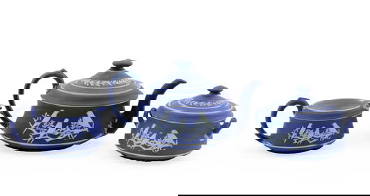Wedgwood Jasperware Three Piece Teaset in Royal Blue (1 of 10)