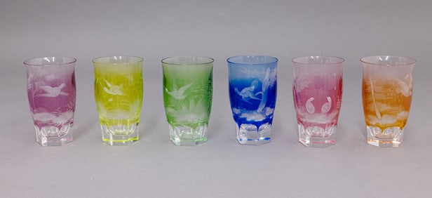 Set of Six Moser Crystal Vibrantly Colored Water Glasses
