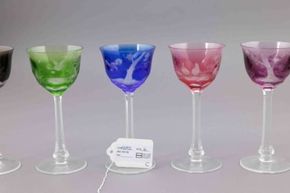 Set of Six Moser Crystal Vibrantly Colored Wine Glasses