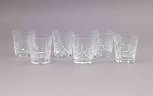Set of Six Crystal Waterford Whiskey Glasses: A set of six crystal whiskey glasses. Three are marked as Waterford crystal and the other three are unmarked. They measure H 3.75 W 3.25 D 3.25 inches. Condtion: very good
