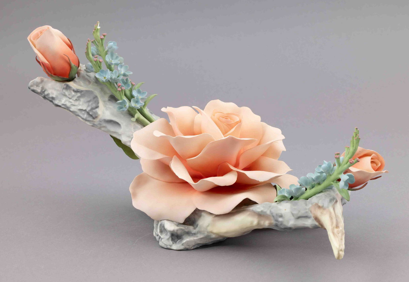 Boehm Bone Porcelain Flower, Lady Helen Rose: Boehm bone porcelain floral figurine of a rose. Marked on underside. Measuring H 9 W 10 inches approx. Condition: small damage to the branch. 