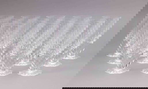 Set of Twelve Waterford Crystal Iced Tea Goblets: A set of twelve Waterford crystal iced tea goblets. They are all marked on the underside with the Waterford maker's mark. They measure H 6.5 W 3 D 3 inches. Condition: very good