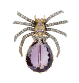 Ladies Gold Spider Brooch with Large Amethyst Stone