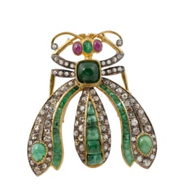 Ladies Insect Shaped Brooch with Ruby, Emerald, and Diamond Decor