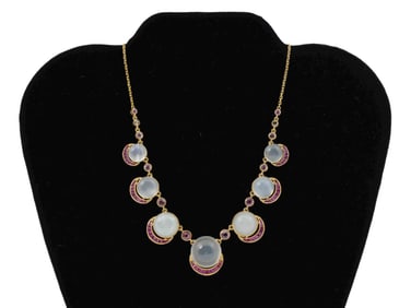 Ladies Elegant Moonstone Necklace Decorated with Pink Sapphires