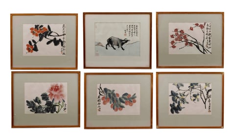 Six Chinese School Watercolor Studies On Paper