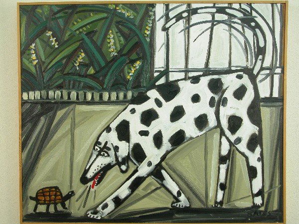 David Bates, oil on canvas, "Bud and th: David Bates, oil on canvas, "Bud and the Turtle", signed lower right and with date and title on back. Dated 1984. 24" x 36". Note - David Bates is a native Dallas artist with paintings and sculptures